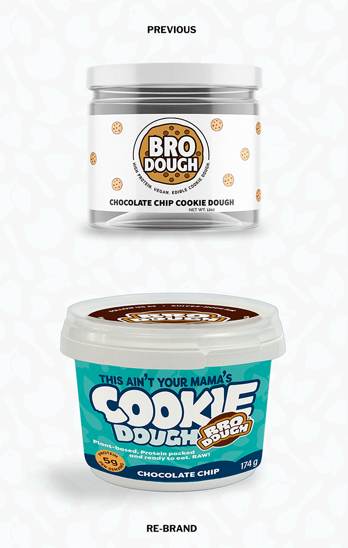 Previous Bro Dough packaging versus the rebranded packaging